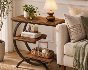 Industrial Side Table Narrow Couch Snack Holder Storage Shelf Metal Frame C Shape End Piece Apartment Living Room Furniture Small Space