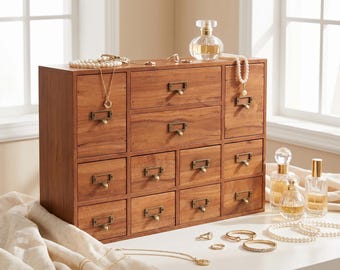 Wooden Apothecary Cabinet Desk Organizer Storage Solution Rustic Furniture Wood Drawer Vintage Style Office Workspace Trinket Holder Jewelry