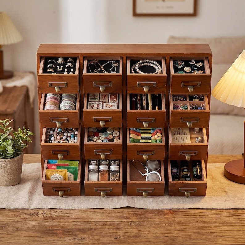 Wooden Apothecary Cabinet Spice Organizer Drawer Herb Storage Small Jewelry Box Kitchen Counter Tea Holder Craft Supply Desktop Sorter Multi image 8