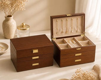 Travel Jewelry Case Velvet Lined Compartment Organizer Large Wooden Box Vintage Style Gift Women Wedding Present Custom Personalized Ring