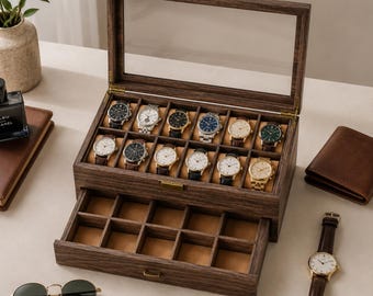 Wooden Watch Box Glass Display Case Organizer 24 Slot Storage Cabinet Husband Gift Fathers Day Men Jewelry Holder Dresser Top Collector