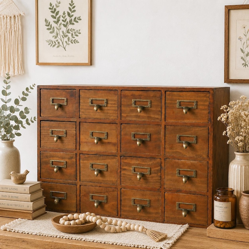 Desktop Sorting Cabinet Wooden Apothecary Organizer 16 Drawer Storage System Perfect Small Item Organization Solution Vintage Card Catalog Style Solid Wood Construction Kitchen Spice Sorter Jewelry Box Display Craft Supply Holder Rustic