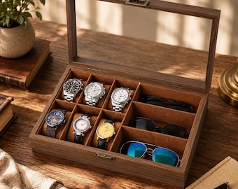 Wooden Watch Box Organizer Men Accessory Storage Solution Collector Display Holder Glass Top Case Jewelry Husband Birthday Gift Fathers Day