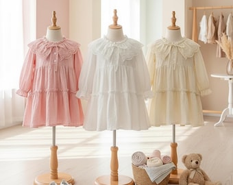 Vestido de princesa para bebé, detalles de encaje, tela de algodón, traje de niña grande, diseño elegante, ropa bordada, celebración de cumpleaños, ocasión especial