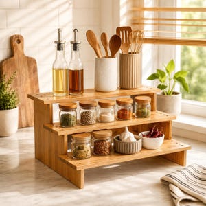 Bamboo Spice Rack Kitchen Counter Organizer Cabinet Storage Stand Three Tier Shelf Pantry Space Saving Countertop Natural Wood Minimalist