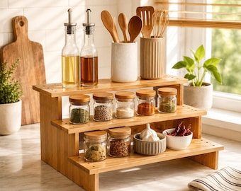 Porta spezie in bambù, organizer da cucina per bancone, mobiletto contenitore a tre livelli, dispensa salvaspazio, legno naturale, minimalista