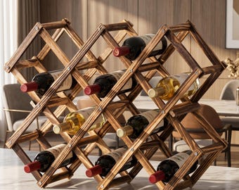 Rustic Wine Rack Wooden Wine Holder Countertop Bottle Holder Display Stand Kitchen Bar Cabinet Storage Organizer Gift Idea Home Farmhouse