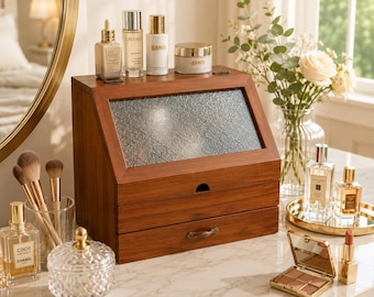 Organizzatore per trucchi in legno con coperchio in vetro, scatola portaoggetti da scrivania, vassoio per cosmetici da bagno, astuccio per cosmetici in stile retrò vintage.