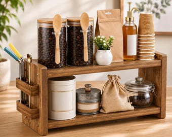 Coffee Station Organizer Countertop Storage Shelf Kitchen Coffee Bar Matcha Station Wooden Beverage Rack Holder Mug Display Stand Tiered Tea