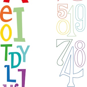 Op de afbeelding: Een kleurrijk alfabet en cijfers in een regenboogpatroon. De letters zijn A, E, O, T, D, Y, L, J, H, Z en M. De cijfers zijn 2, 5, 1, 9, 0, 7, 4, 8, 6 en 3.