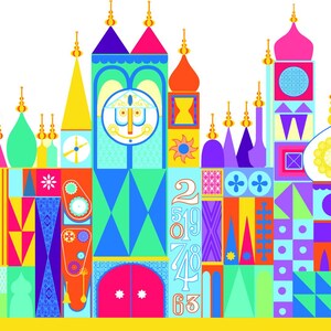 May include: A colorful illustration of a whimsical cityscape with various architectural styles. Buildings feature vibrant hues of blue, green, pink, yellow, and orange. The design includes a clock tower, a pagoda, and the Eiffel Tower, creating a playful and imaginative scene.