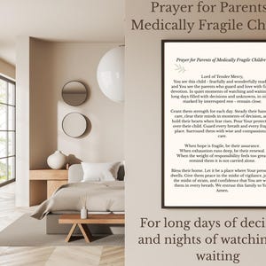 May include: A framed wall print featuring the text Prayer for Parents of Medically Fragile Children. The black frame surrounds a white background with black printed text that includes a prayer for strength, protection, and peace for families.