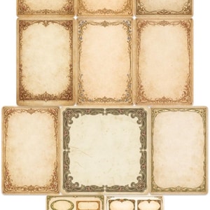 Puede incluir: Una colecci&oacute;n de ef&iacute;meras de papel de estilo vintage con bordes ornamentados y decorativos. Los papeles tienen una apariencia envejecida y desgastada con un fondo beige y dise&ntilde;os detallados de flores y volutas en tonos marrones, verdes y dorados.