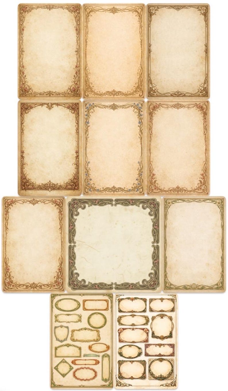 Puede incluir: Una colecci&oacute;n de ef&iacute;meras de papel de estilo vintage con bordes ornamentados y decorativos. Los papeles tienen una apariencia envejecida y desgastada con un fondo beige y dise&ntilde;os detallados de flores y volutas en tonos marrones, verdes y dorados.