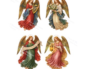 Könnte beinhalten: Vier digitale Illustrationen von Engeln mit goldenen Flügeln und Heiligenscheinen. Jeder Engel trägt fließende Gewänder in Rot-, Grün-, Rosa- und Weißtönen. Ein Engel spielt eine Harfe, ein anderer hält Lilien, und ein dritter trägt eine Laterne.