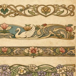 Puede incluir: Ilustraci&oacute;n de estilo vintage con bordes decorativos con dise&ntilde;os florales y geom&eacute;tricos. Los bordes presentan flores, hojas y formas estilizadas, en una paleta de colores apagados como beige, verde y rosa. El arte tiene un efecto de papel envejecido.