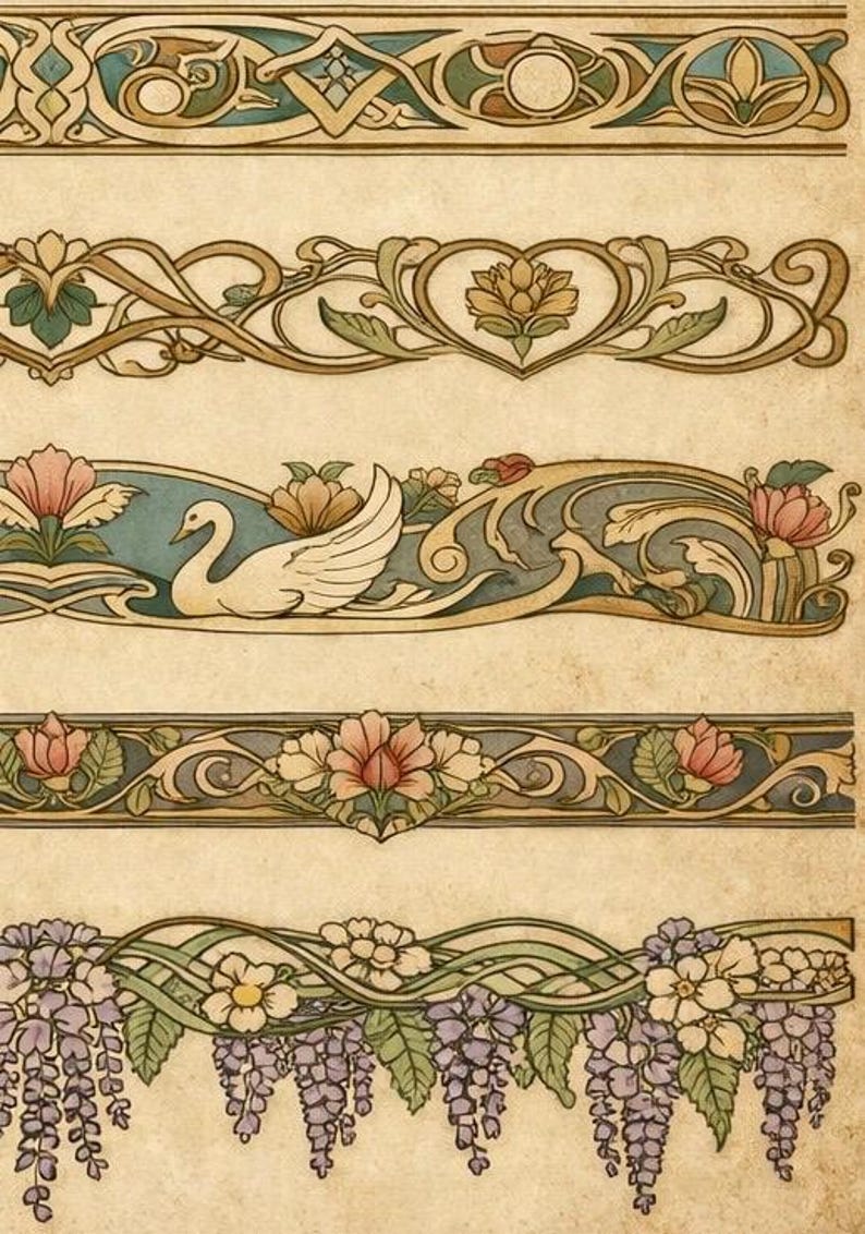 Puede incluir: Ilustraci&oacute;n de estilo vintage con bordes decorativos con dise&ntilde;os florales y geom&eacute;tricos. Los bordes presentan flores, hojas y formas estilizadas, en una paleta de colores apagados como beige, verde y rosa. El arte tiene un efecto de papel envejecido.