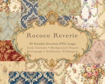 Könnte beinhalten: Eine Sammlung von 50 druckbaren JPEG-Bildern mit Blumen- und Damastmustern in verschiedenen Farben wie Blau, Rot, Creme und Rosa. Der goldfarbene, verzierte Rahmen in der Mitte zeigt den Text: Rococo Reverie, 50 Printable Download JPEG images, Junk Journals, Background Papers, Decoupage, Dollhouse Wallpapers.