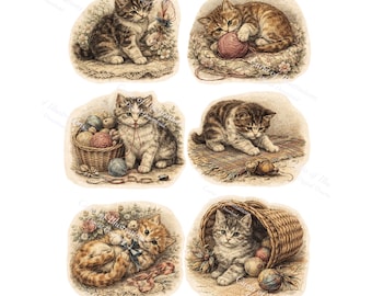 Könnte beinhalten: Eine Sammlung von sechs Illustrationen im Vintage-Stil mit entzückenden Kätzchen. Jedes Bild zeigt ein anderes Kätzchen, das mit Garn, Körben und floralen Elementen interagiert. Die Kätzchen sind in verschiedenen Posen dargestellt, mit weichen, gedämpften Farben.