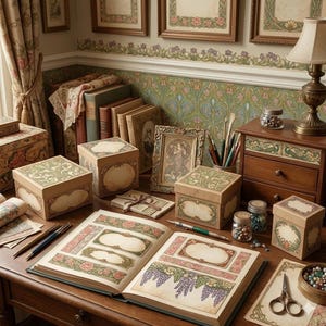 Puede incluir: Una escena de escritorio de estilo vintage con libros abiertos, cajas decorativas y arte enmarcadas. Las cajas presentan dise&ntilde;os florales y de desplazamiento. Un peque&ntilde;o mueble de madera y tarros de cuentas se suman a la est&eacute;tica art&iacute;stica.