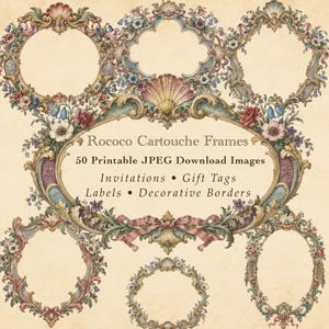 May include: A collection of ornate frames featuring floral and shell motifs in muted tones of blue, pink, and gold. The central text reads: Rococo Cartouche Frames, 50 Printable JPEG Download Images, Invitations, Gift Tags, Labels, Decorative Borders.