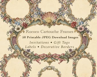 Könnte beinhalten: Eine Sammlung verzierter Rahmen mit Blumen- und Muschelmotiven in gedeckten Blau-, Rosa- und Goldtönen. Der zentrale Text lautet: Rococo Cartouche Frames, 50 Printable JPEG Download Images, Invitations, Gift Tags, Labels, Decorative Borders.