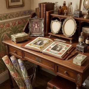 Puede incluir: Un escritorio de madera oscura con un libro abierto con ilustraciones florales y fotos enmarcadas. Cajas decorativas, botellas antiguas y rollos de estampados florales en una cesta de alambre completan la escena. Ambiente vintage.