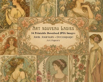 Könnte beinhalten: Eine Sammlung von 34 druckbaren digitalen Bildern mit Illustrationen von Frauen im Jugendstil, umgeben von floralen Motiven. Der zentrale Text lautet: ART NOUVEAU LADIES, 34 Printable Download JPEG Images, Junk Journals, Decoupage, Art Papers.