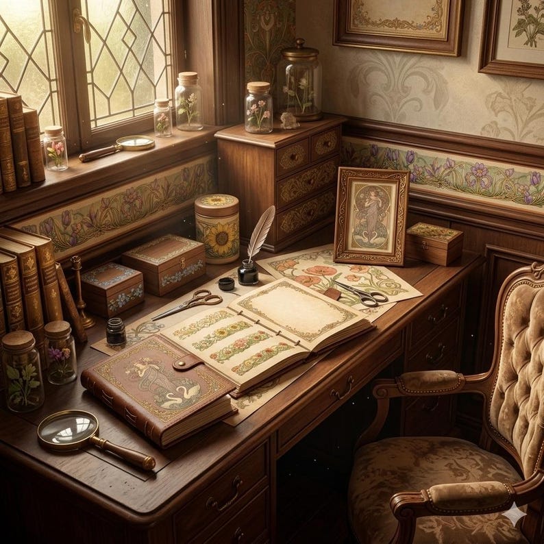 Puede incluir: Una escena de escritorio de estilo vintage con un escritorio de madera marr&oacute;n, una silla con mechones y una ventana. El escritorio est&aacute; adornado con libros, frascos de flores, una lupa, un diario y una imagen enmarcada. La habitaci&oacute;n tiene una est&eacute;tica cl&aacute;sica y antigua.
