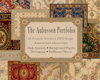 Könnte beinhalten: Eine digitale Sammlung mit dem Titel The Aubusson Portfolio, die 42 druckbare JPEG-Bilder von französischen Aubusson-Teppichmustern enthält. Die Designs umfassen komplexe Blumenmotive, verzierte Ränder und Medaillons in Rot, Blau, Gold und Creme.