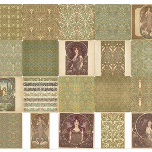 Puede incluir: Una colecci&oacute;n de grabados art&iacute;sticos y papeles estampados de estilo vintage. Los grabados presentan dise&ntilde;os Art Nouveau con motivos florales, retratos de mujeres y bordes decorativos. La paleta de colores incluye tonos de verde, marr&oacute;n y dorado.