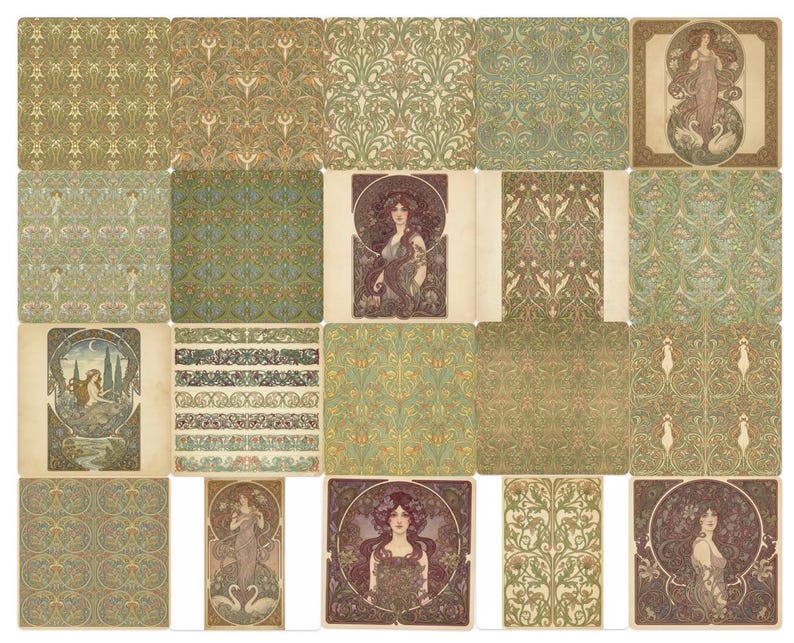 Puede incluir: Una colecci&oacute;n de grabados art&iacute;sticos y papeles estampados de estilo vintage. Los grabados presentan dise&ntilde;os Art Nouveau con motivos florales, retratos de mujeres y bordes decorativos. La paleta de colores incluye tonos de verde, marr&oacute;n y dorado.