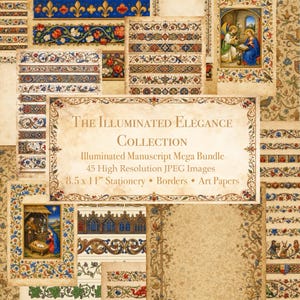 May include: A selection of illuminated manuscript images with decorative borders, floral patterns, and religious illustrations. The central text reads "The Illuminated Elegance Collection" and includes "8.5 x 11" Stationery". The images are high-resolution JPEG files.