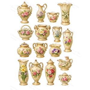May include: A collection of antique-style vases and decorative containers. The vases vary in shape and size, featuring floral designs in pink, yellow, and purple. Some have handles, lids, or cherubic figures. The color palette is primarily cream and gold.