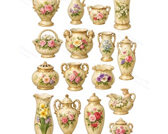 Könnte beinhalten: Eine Sammlung von Vasen und dekorativen Behältern im antiken Stil. Die Vasen variieren in Form und Größe und weisen florale Designs in Rosa, Gelb und Lila auf. Einige haben Griffe, Deckel oder cherubische Figuren. Die Farbpalette ist hauptsächlich Creme und Gold.