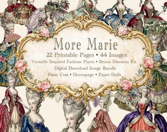 Könnte beinhalten: Ein digitales Download-Bildpaket mit dem Titel "More Marie" mit Vintage-Illustrationen von Frauen in aufwendigen Kleidern. Das Bild enthält den Text "22 druckbare Seiten • 44 Bilder" und "Versaille Inspired Fashion Plates". Die Farbpalette umfasst Rot-, Blau- und Goldtöne.