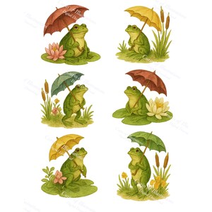 May include: A collection of six illustrations featuring green frogs holding colorful umbrellas. Each frog is positioned on a lily pad or in a grassy area, with flowers and cattails. The illustrations have a vintage, storybook style.