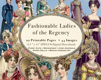 Könnte beinhalten: Eine Sammlung von Illustrationen aus der Regency-Zeit mit Frauen in historischer Kleidung, Hüten und Accessoires. Der zentrale ovale Rahmen enthält den Text: Fashionable Ladies of the Regency, 22 Printable Pages, 44 Images, 8.5" x 11" JPEGS, Digital Downloads, Fussy Cuts, Decoupage, Junk Journals, Paper Dolls, Bonus Diorama Kit.