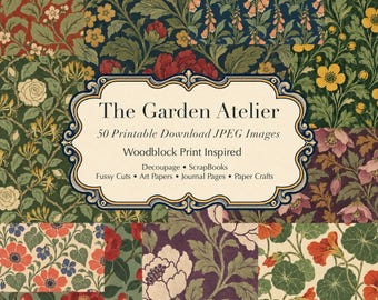 Könnte beinhalten: Eine digitale Sammlung mit dem Titel The Garden Atelier, die 50 druckbare JPEG-Bilder mit holzschnittinspirierten Blumenmustern in Rot, Gelb, Grün und Violett enthält, präsentiert in einem dekorativen zentralen Rahmen.