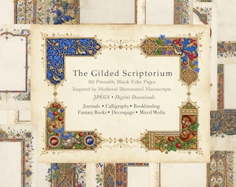 Könnte beinhalten: Eine Sammlung digitaler, druckbarer Seiten mit verzierten, farbenfrohen Rändern mit Blumen-, Tier- und geometrischen Motiven. Der zentrale Text lautet: The Gilded Scriptorium, 60 Printable Blank Folio Pages, Inspired by Medieval Illuminated Manuscripts.