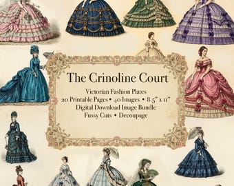Könnte beinhalten: Digitaler Download-Bild-Bundle mit viktorianischen Modeplatten. Das Bild zeigt verschiedene farbenfrohe Illustrationen von Frauen in aufwendigen Krinoline-Kleidern. Der Text lautet "The Crinoline Court" und enthält Details zum Bundle, wie 20 druckbare Seiten.