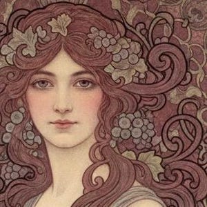 Puede incluir: Ilustraci&oacute;n de estilo Art Nouveau de una mujer con largo cabello casta&ntilde;o rojizo que fluye, adornado con uvas y hojas. La mujer tiene una expresi&oacute;n serena, mejillas rosadas y viste un vestido gris claro. El fondo presenta un patr&oacute;n floral decorativo en tonos burdeos y dorado.