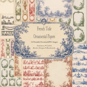 May include: A collection of French Toile ornamental papers featuring 54 printable download JPEG images. The design includes various border patterns, labels, and stationery elements in blue, red, green, and purple ink on a cream-colored background.