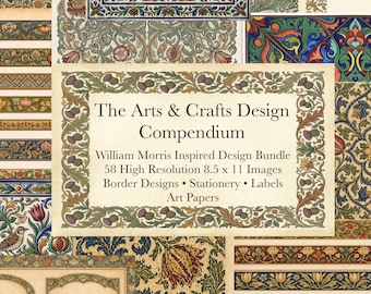 Könnte beinhalten: Eine Sammlung von William Morris-inspirierten Kunstdrucken und Bordürendesigns. Das Bild zeigt eine Vielzahl von floralen und botanischen Mustern in Grün-, Blau-, Rot- und Goldtönen. Der Text lautet "The Arts & Crafts Design Compendium" und listet den Inhalt auf.