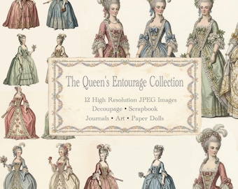 Könnte beinhalten: Eine digitale Sammlung von 12 hochauflösenden Bildern mit Figuren im Stil des 18. Jahrhunderts in aufwendigen Kleidern und gepuderten Perücken. Der zentrale Text lautet: The Queen's Entourage Collection, 12 High Resolution JPEG Images, Decoupage, Scrapbook, Journals, Art, Paper Dolls.