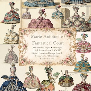 Op de afbeelding: Een digitale download beeldbundel getiteld "Marie Antoinette's Fantastical Court". De afbeelding toont meerdere illustraties van vrouwen in uitgebreide, kleurrijke 18e-eeuwse jurken. De bundel bevat 20 afdrukbare pagina's, 40 afbeeldingen en is 21,59 cm x 27,94 cm groot.