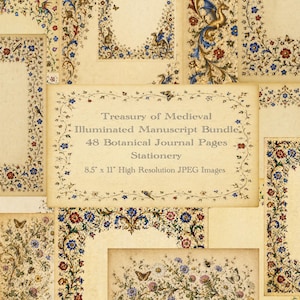 May include: Stationery set with a medieval illuminated manuscript theme. The pages have floral and botanical designs with ornate borders in red, blue, and gold. The text reads "Treasury of Medieval Illuminated Manuscript Bundle, 48 Botanical Journal Pages, Stationery, 21.6cm x 28cm High Resolution JPEG Images."