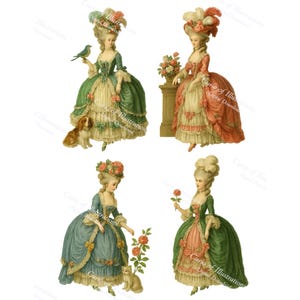 Puede incluir: Cuatro ilustraciones vintage de mujeres con vestidos ornamentados, cada una con peinados y accesorios elaborados. Los vestidos son en tonos verdes, rosas y azules, con detalles de encaje y cintas. Algunas figuras están acompañadas de mascotas o flores.