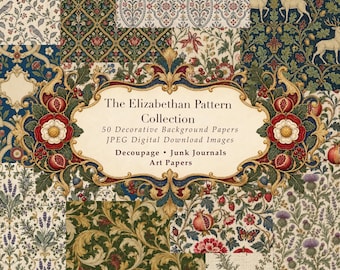 Könnte beinhalten: Eine digitale Sammlung von 50 dekorativen Hintergrundpapieren mit dem Titel The Elizabethan Pattern Collection. Das Bild zeigt ein mittiges, cremefarbenes Etikett mit Text, umgeben von verzierten Goldrahmen, Granatäpfeln und Blumenmustern.