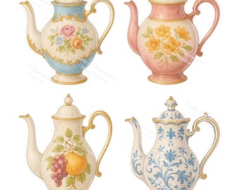 Könnte beinhalten: Vier dekorative Teekannen mit aufwendigen Designs. Die Teekannen haben Pastellfarben, florale Muster und goldfarbene Akzente. Eine Teekanne hat ein blau-weißes Blumenmuster, eine andere ein rosa-gelbes Blumenmuster, und die anderen beiden haben Obst- und Blumenmuster.